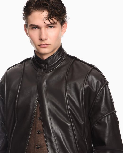 Emporio Armani Brown Cropped Nappa Leather Blouson Jacket With A Stand Collar for men