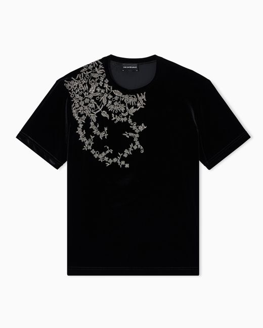 Emporio Armani Black Chenille Jersey T-Shirt With Beaded Embroidery for men