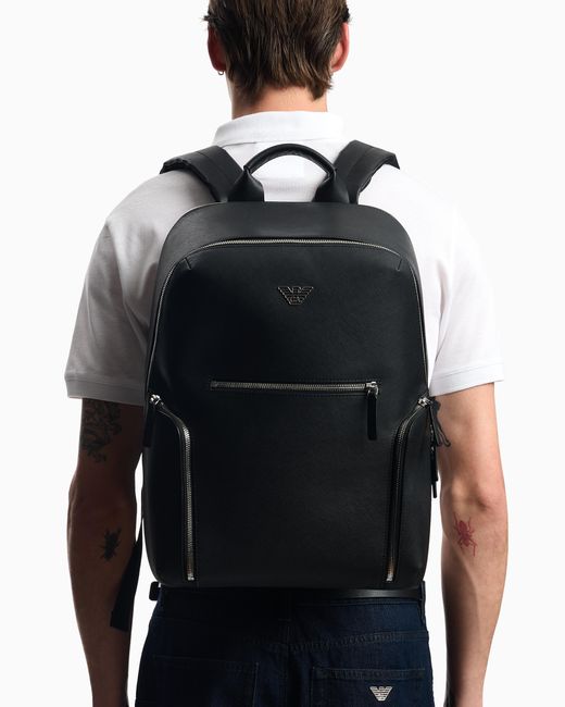Sac À Dos Avec Plaquette Aigle Asv En Cuir Saffiano Régénéré Emporio Armani pour homme en coloris Black