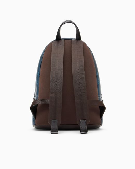 Emporio Armani Blue Coated Canvas Backpack With All-Over Eagle for men