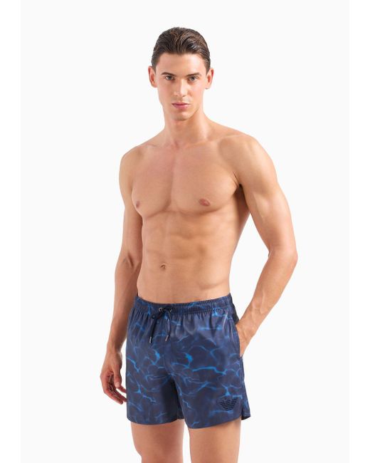 Emporio Armani Blue Printed Iridescent Fabric Swim Shorts for men