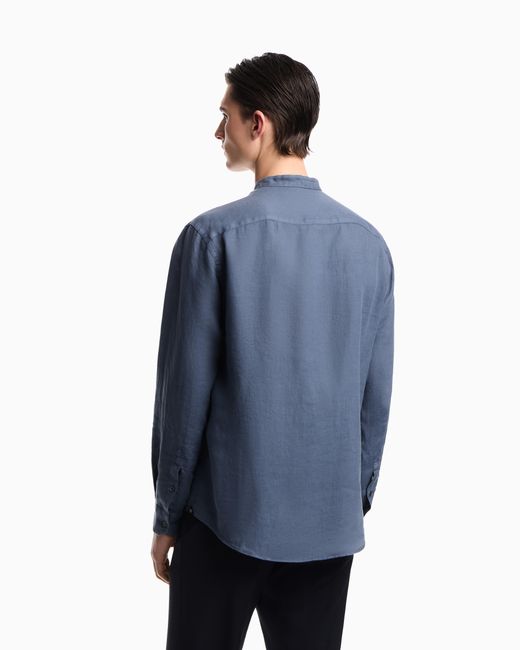 Emporio Armani Blue Garment-Dyed Linen Shirt With Guru Collar for men