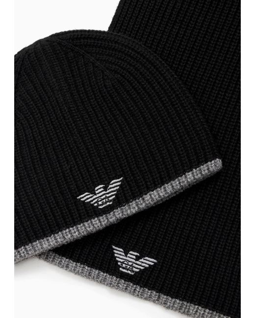 Emporio Armani Black Hat And Scarf Set With Embroidered Eagle for men