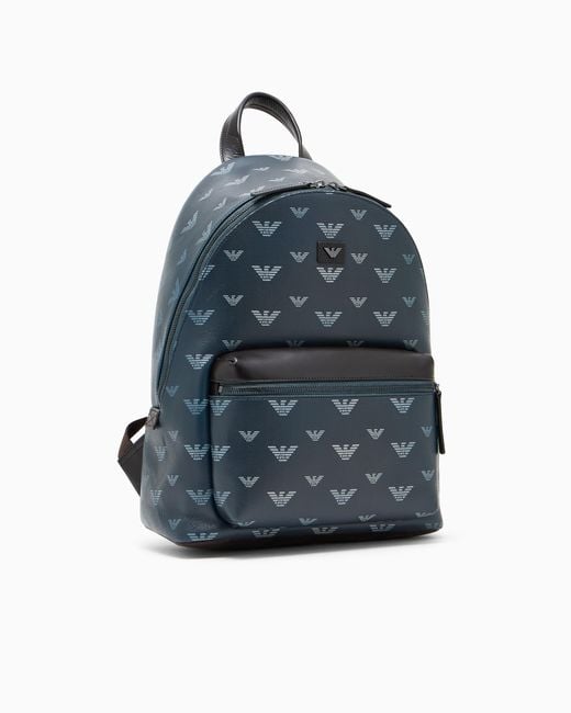 Emporio Armani Blue Coated Canvas Backpack With All-Over Eagle for men
