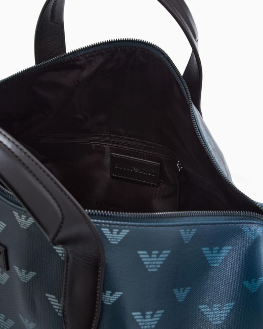 Emporio Armani Blue Coated Canvas Bowling Bag With All-Over Eagle for men