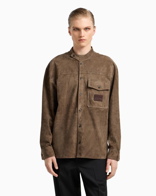 Emporio Armani Hemd-Jacke Aus Ziegen-Veloursleder Mit Grandad-Kragen in Brown für Herren