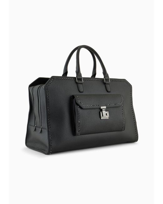Emporio Armani Black Studded Pebbled-leather Weekend Bag for men