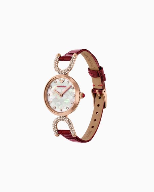 Emporio Armani White Lunar New Year Two-Hand Burgundy Leather Watch