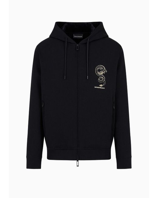 Emporio Armani Blue Double-jersey Hooded Sweatshirt With Dragon Embroidery for men