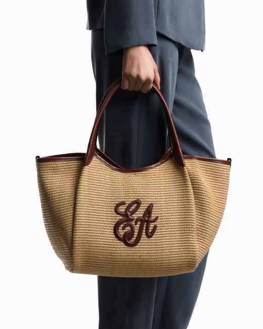 Emporio Armani Natural Woven Straw Medium Shopper Bag With Ea Logo
