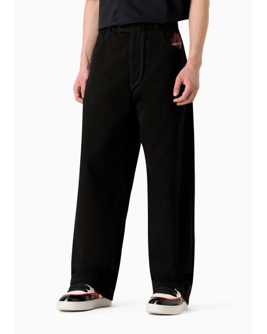 Emporio Armani Black Garment-dyed Bull Denim Baggy Pants With Mon Amour Print for men