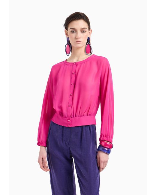 Camisa De Georgette Con Cuello Redondo Y Frunces Emporio Armani de color Pink