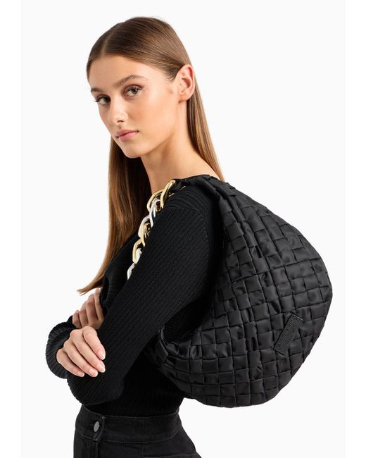 Emporio Armani Black Asv Woven Recycled Nylon Handbag With Chain Handle