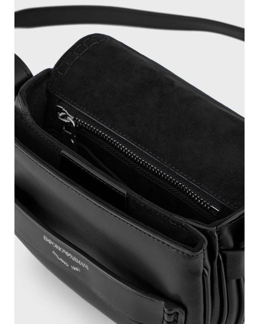 Emporio Armani Small Shoulder Bag In Leather With Flap And Logo Gusset