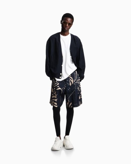 Emporio Armani Blue Linen-Blend Bermuda Shorts With All-Over Pattern for men