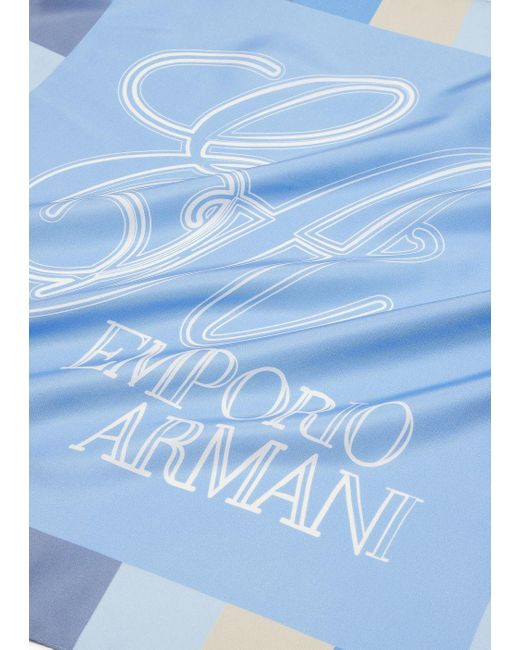 Emporio Armani Blue Silk Foulard With Framed Logo Print