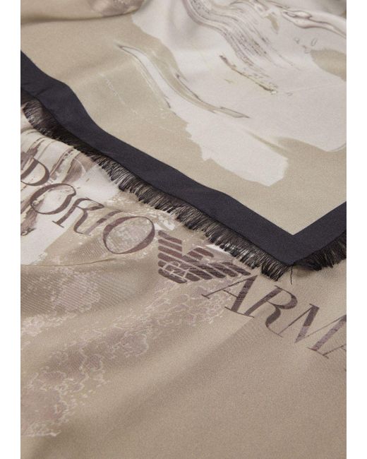 Emporio Armani Gray Printed Silk Foulard With Fringed Edges