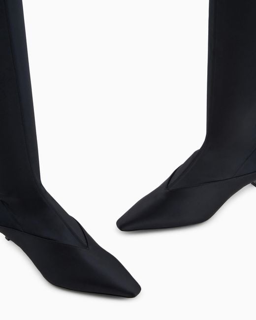 Emporio Armani White Stretch-Satin Thigh-High Boots With A Kitten Heel