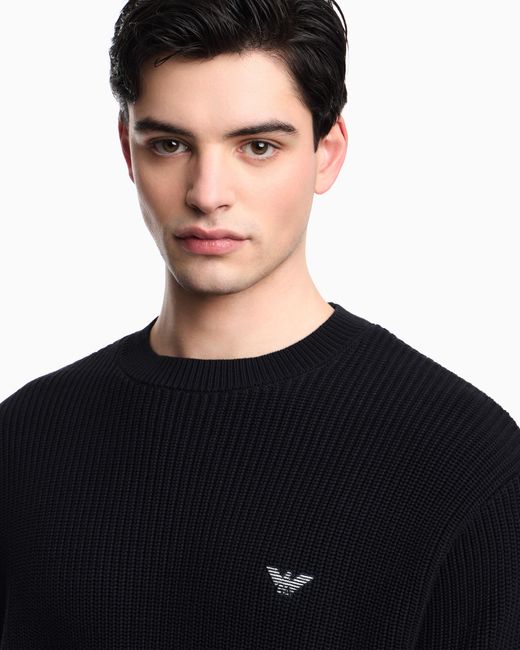 Emporio Armani Blue Half Fisherman's Rib Knit Jumper for men