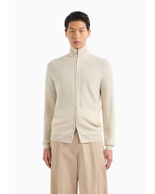Emporio Armani White Asv Wool And Lyocell-blend Blouson In A Front And Back Plain Knit And With A Full-length Zip for men