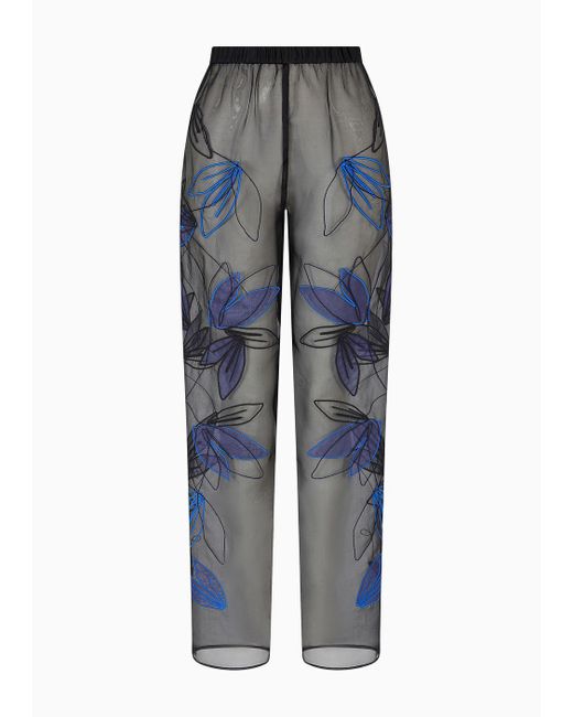 Emporio Armani Blue Pure Silk Organza Elasticated-waist Trousers With Floral Embroidery