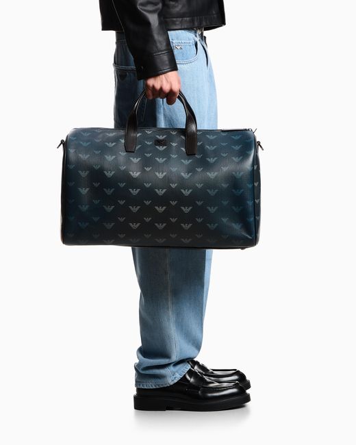 Emporio Armani Blue Coated Canvas Bowling Bag With All-Over Eagle for men