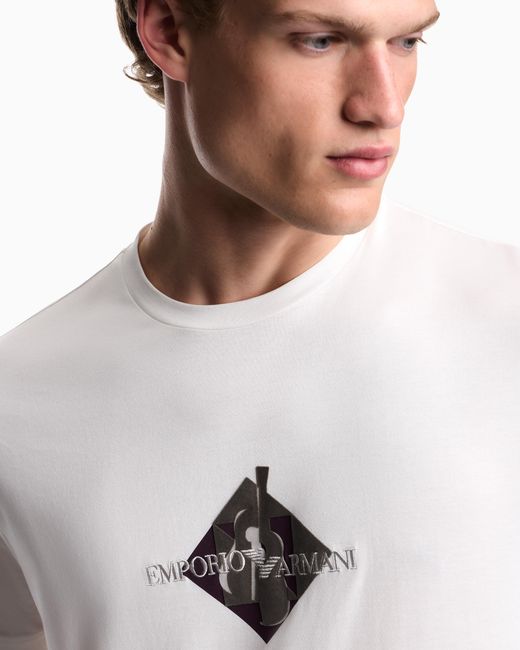 Emporio Armani White Jersey T-Shirt With Embroidered Logo And Flock Print for men