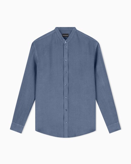 Emporio Armani Blue Garment-Dyed Linen Shirt With Guru Collar for men