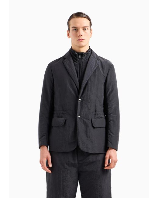 Emporio Armani Blue Single-breasted Jacket With Full-zip Detachable Inner Panel In Lightweight Nylon Seersucker for men
