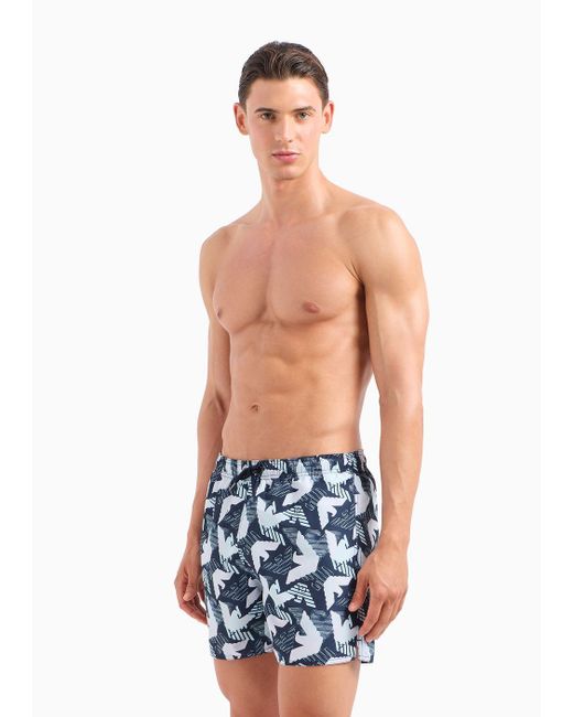 Emporio Armani Blue All-over Eagle Macro Logo Print Swim Shorts for men
