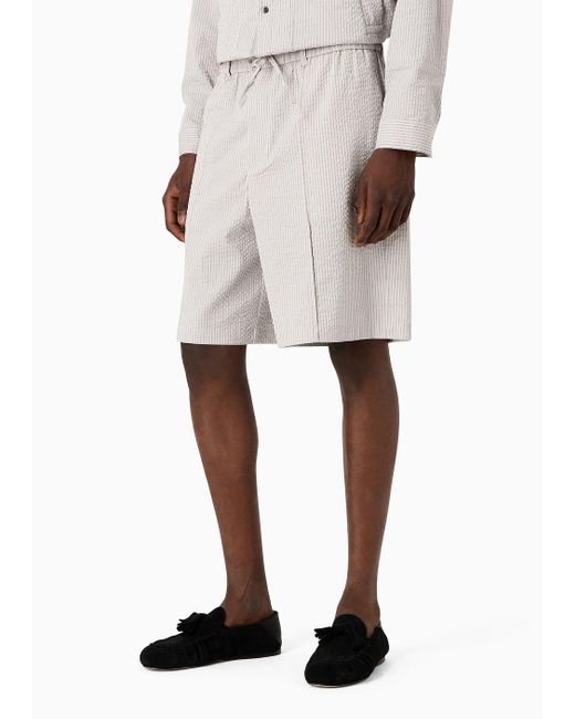 Emporio Armani White Drawstring Bermuda Shorts In Striped Seersucker Fabric for men
