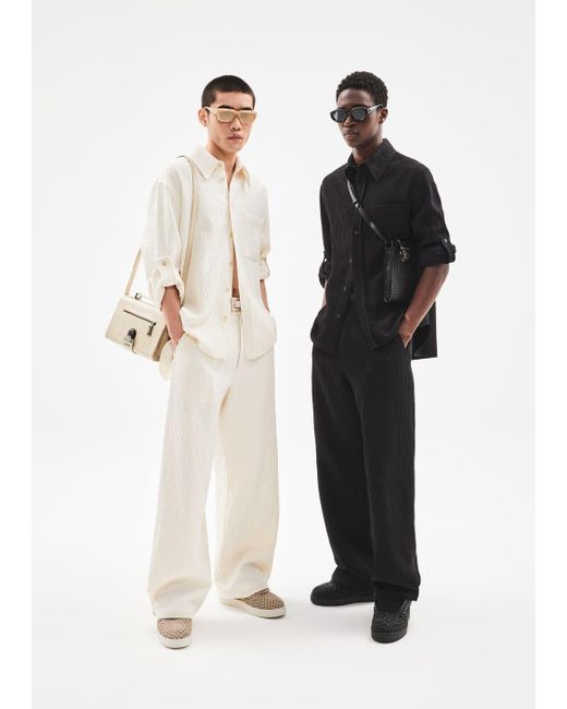 Emporio Armani White Trousers With Slit In The Hem In Bark-effect Linen Blend for men