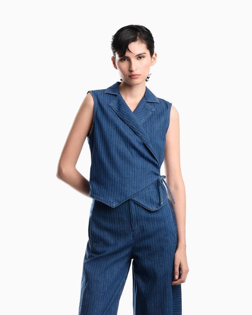 Emporio Armani Blue Pinstriped Denim Wrap Waistcoat With Lapels And A Side Tie