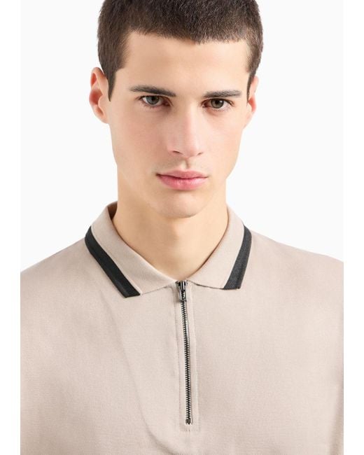 Emporio Armani Natural Mercerized Piqué Polo Shirt With Zipper And Contrasting Trim for men