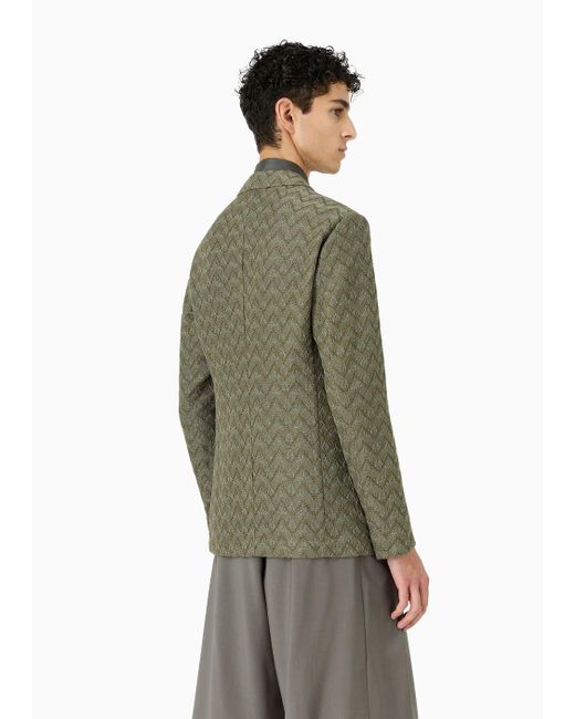 Emporio Armani Green Single-breasted Jacket In A Super-light Jersey Knit With A Chevron Motif for men