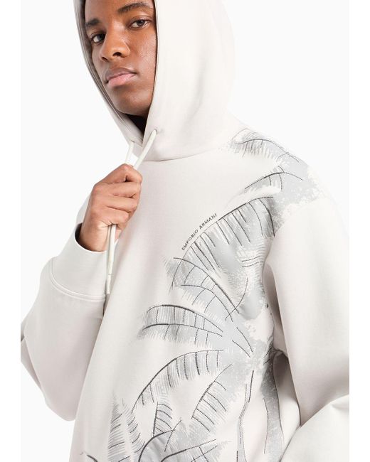Emporio Armani White Double-jersey Hooded Sweatshirt With A Palm-tree Embroidery And Print for men