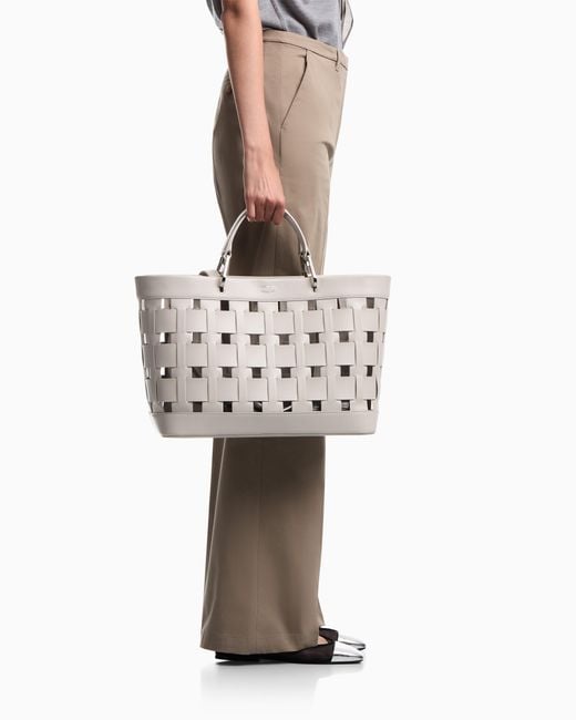 Emporio Armani White Tote Bag With Woven Design Double Handles And Pouch