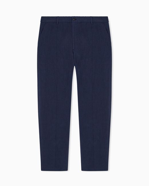 Emporio Armani Blue Crêpe-Effect Faded Linen Trousers With Pleats for men