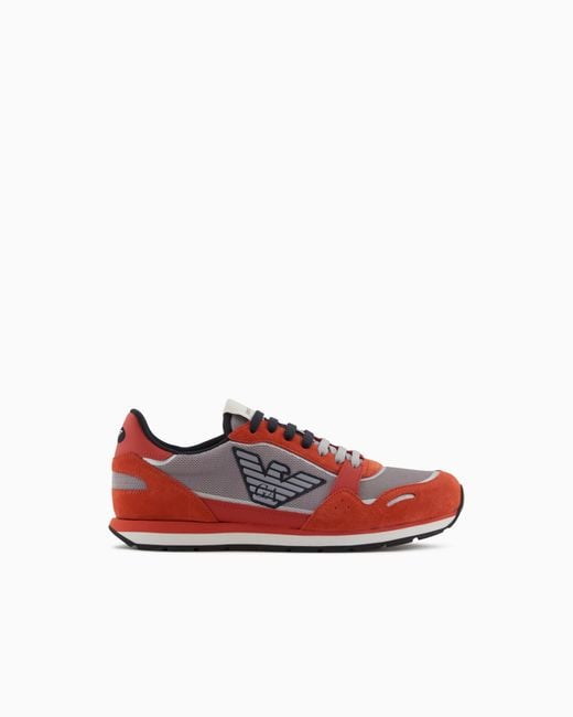 Emporio Armani Red Mesh Sneakers With Suede Details And Eagle Patch for men