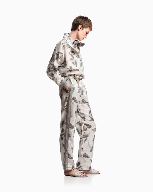 Emporio Armani White Regular Fit Linen Trousers With Chiné Flower Print