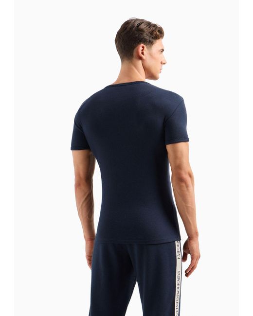 Emporio Armani Blue Slim-fit Henley Loungewear T-shirt In Ribbed Cotton With Eagle Micro Patch for men