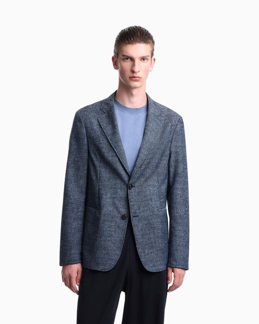 Emporio Armani Blue Unlined Tailored Wool Blazer With A Jacquard Micro Design for men