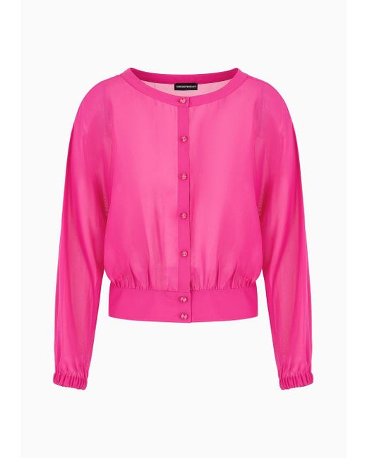 Emporio Armani Pink Georgette Round-neck Shirt With Gathering