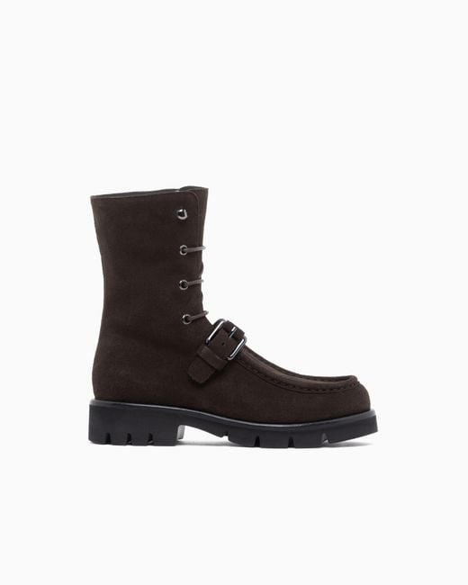 Emporio Armani Black Suede Lace-Up Boots With A Decorative Buckle Strap