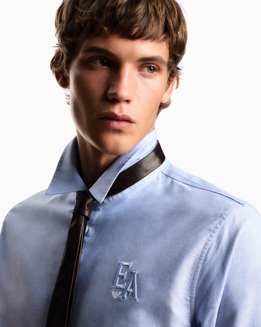 Emporio Armani Blue Eagle Club Cotton Oxford Shirt With Embroidery for men