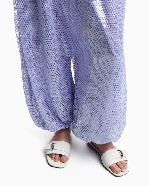 Emporio Armani Purple Mesh Crochet Trousers With All-Over Sequins