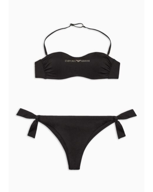 Bikini Con Fascia Imbottita In Lycra Con Logo Micro Borchie di Emporio Armani in Black