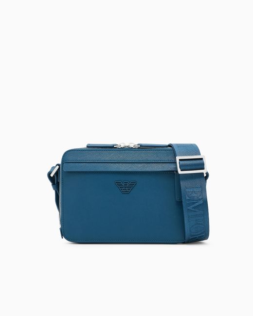 Emporio Armani Blue Textured Crossbody Bag With A Front Pocket And A Metal Logo for men