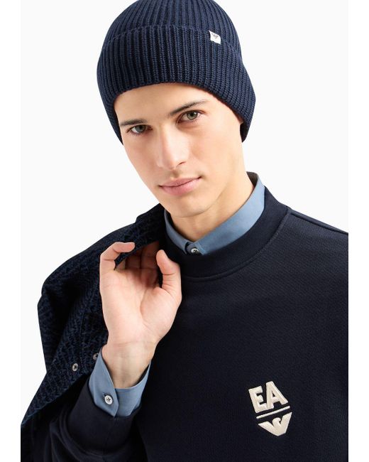 Emporio Armani Blue Rib-knit Beanie With Turn-up Brim for men