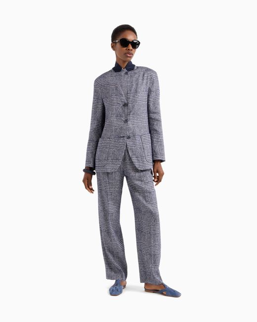Emporio Armani Blue Hose Mit Bundfalten Aus Einer Leinen-Viskose-Mischung Mit Prince-Of-Wales-Muster